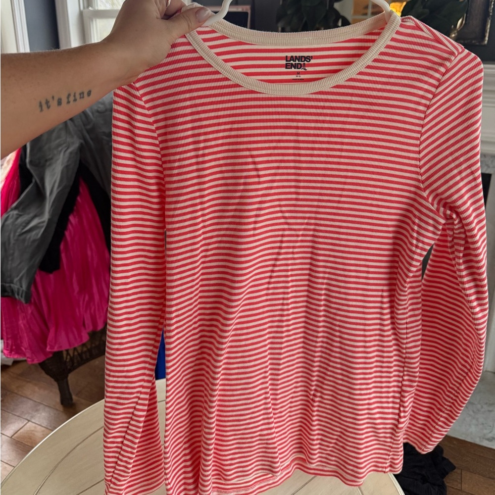 Lands' End Coral and White Striped Long Sleeve Top size m 94% cotton